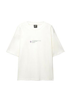 White cotton t-shirt with short sleeves, round neck, featuring graphic text in blue and purple on the front, and a relaxed fit design.