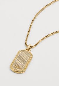 Halskjede med hundetagg pendel i gulltone, med en teksturert kjede og rhinestones som pryd, med en logo gravering.