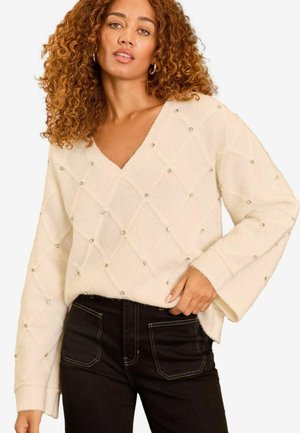 Love & Roses REGULAR FIT - V NECK DIAMANTE - Pulover - ivory white