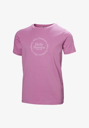 Jasnoróżowy bawełniany t-shirt z krótkim rękawem, z okrągłym białym nadrukiem na środku z napisem "Helly Hansen" oraz "Since 1877".