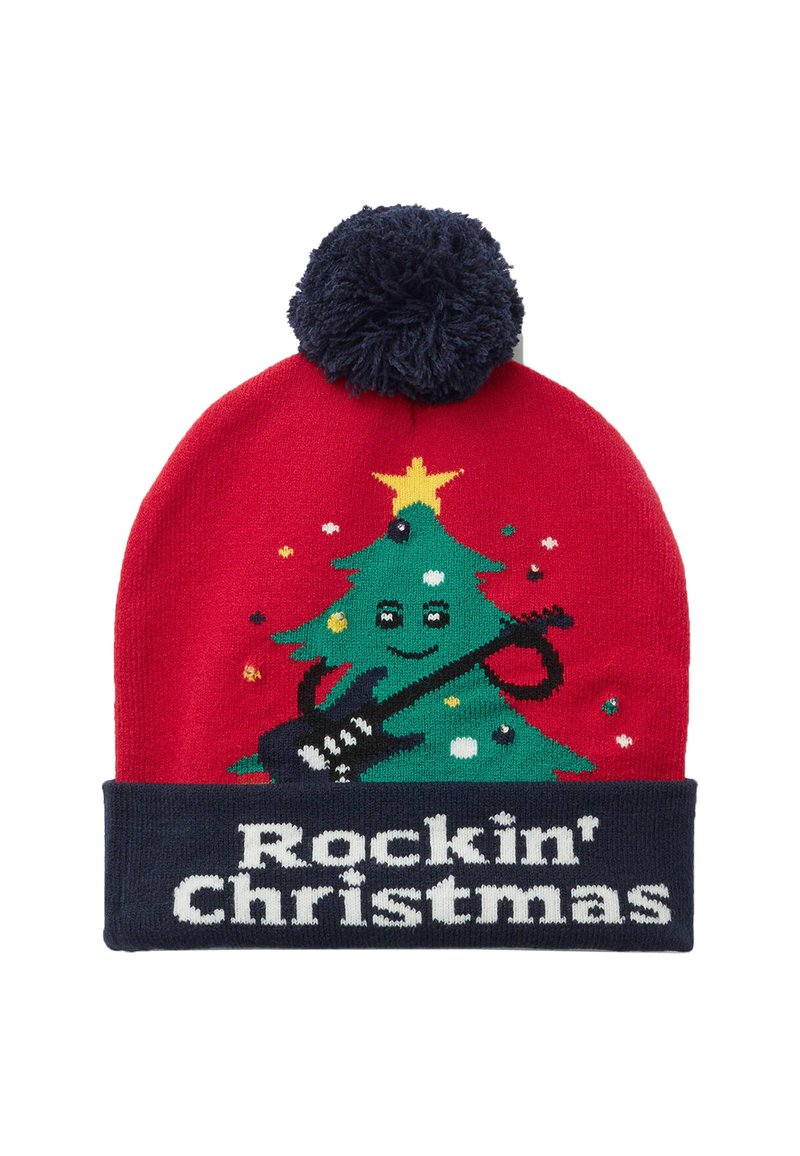 Czerwona dzianinowa czapka typu beanie z zielonym nadrukiem choinki i gitarą, wykończona granatowym pomponem. Napis „Rockin' Christmas” w białym kolorze.