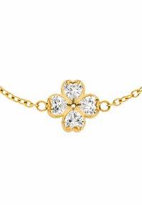 Goldene Halskette mit einem Anhänger in Form eines vierblättrigen Kleeblatts, der vier herzförmige, klare Kristalle in einem goldenen Rahmen enthält. Gliederketten-Design.