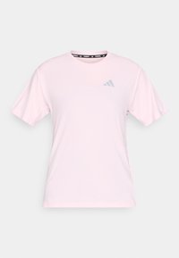 Ανοιχτό ροζ αθλητικό μπλουζάκι με κοντά μανίκια, στρογγυλή λαιμόκοψη και διακριτή υφή. Διαθέτει μικρό γκρι λογότυπο στο μπροστινό μέρος και λαιμόκοψη με σχέδιο.