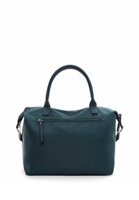 Turkio mėlyna sintetinio odos rankinė su dviem rankenomis, reguliuojama petneša ir priekinio kišenėle su užtrauktuku. Lygus paviršius ir minimalios metalinės detalės.