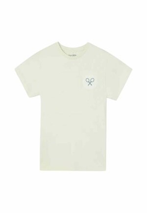 Camiseta beige claro de manga corta con cuello redondo y pequeñas raquetas de tenis cruzadas impresas en el bolsillo del pecho izquierdo.