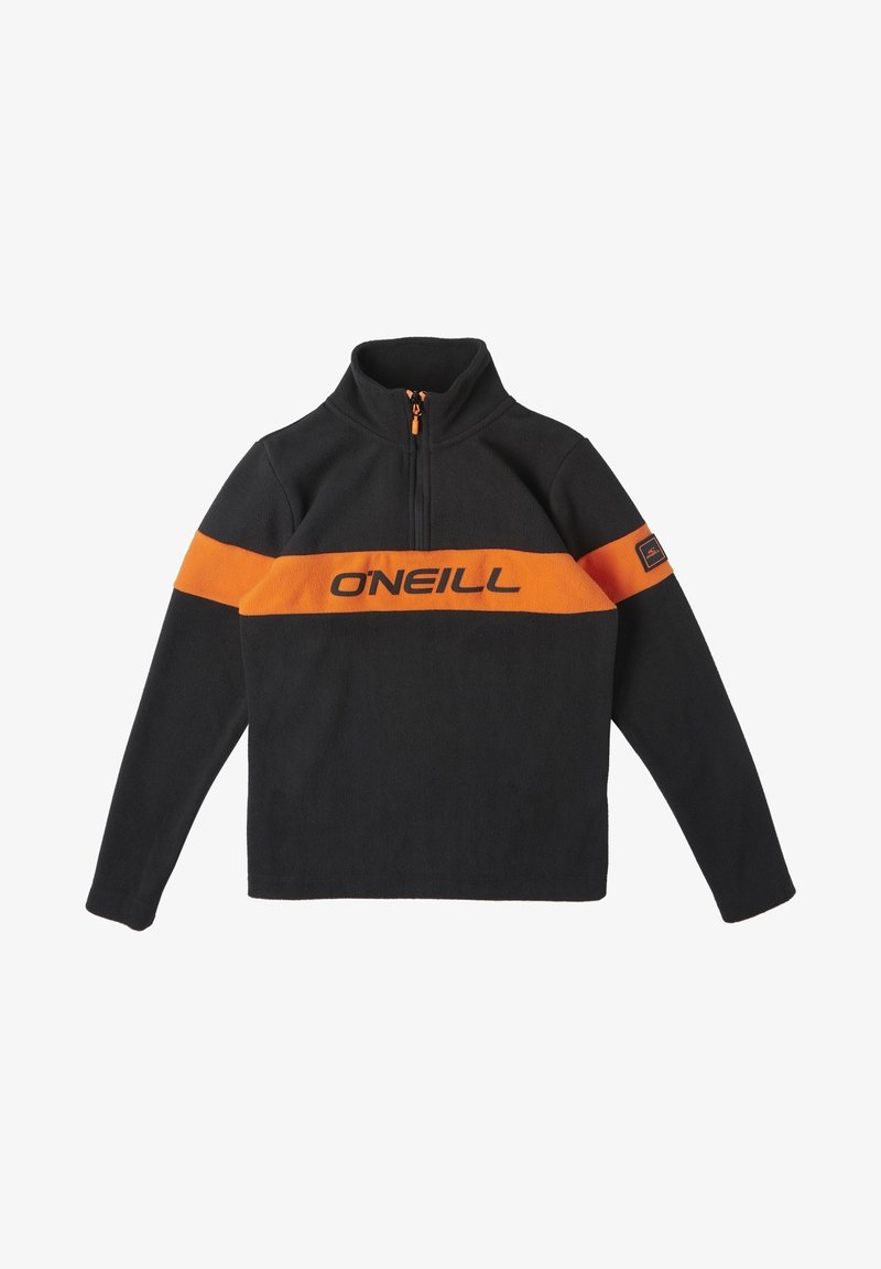 Pull noir en polaire avec un col zippé moitié, ornée d'une bande horizontale orange sur la poitrine et du logo "O'NEILL" en noir.