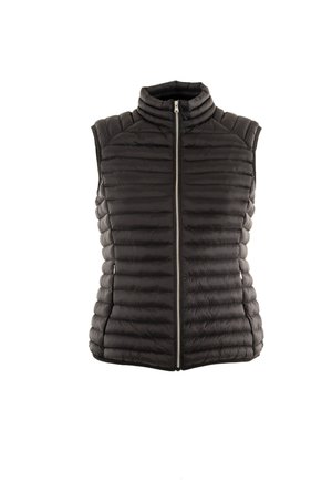 Gilet imbottito nero con colletto alto. Presenta una zip frontale, una texture trapuntata e un design senza maniche. Materiale liscio con una silhouette aderente.