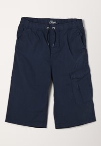 Námořnické modré cargo šortky vyrobené z lehké tkaniny, s elastickým pasem na šnůrku, bočními kapsami a cargo kapsou na noze.