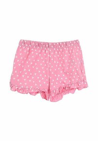 Pantalones cortos de algodón rosa con patrones triangulares blancos, cinturilla elástica y dobladillo con volantes. Ajuste flexible, diseño casual, tejido ligero.