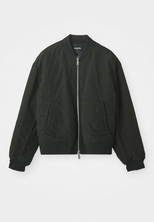 Black bomber jacket with front zipper, two side pockets, ribbed collar, cuffs, and waistband, laid flat on white background.