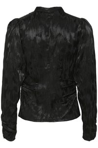 Black, textured blouse with long puff sleeves and a fitted silhouette. Features subtle pattern and ruching details at the sides.