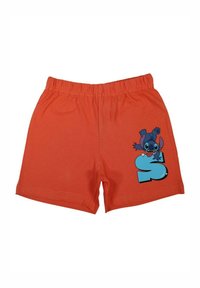 Shorts en coton orange avec une taille élastique. Présente un personnage de dessin animé bleu et une grande lettre bleue "S" imprimée sur le côté.