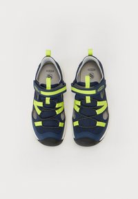 Niebieskie siatkowe sneakersy z neonowo żółtymi akcentami, regulowane rzepy oraz gumowe podeszwy z teksturowanym wzorem i sekcjami wentylacyjnymi.