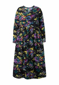 Maxi šaty s dlouhým rukávem na černém pozadí, zdobené barevným květinovým vzorem v purpurové, žluté a tyrkysové barvě. Detail skládání sukně.