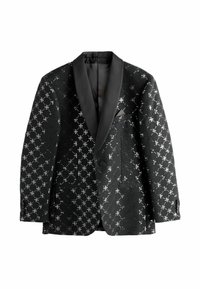 Fekete szmoking dzseki selyem reverrel, ezüst flitterezett mintával díszítve. Két elülső zsebbel és gombos záródással rendelkezik.