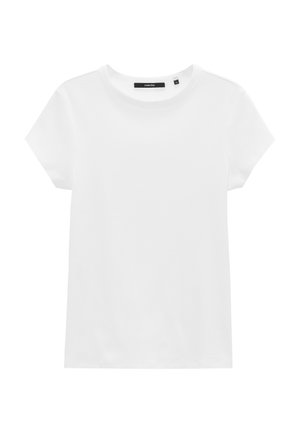 White cotton t-shirt with a crew neckline, short sleeves, and a smooth texture. No patterns or embellishments. Standard fit, casual design.