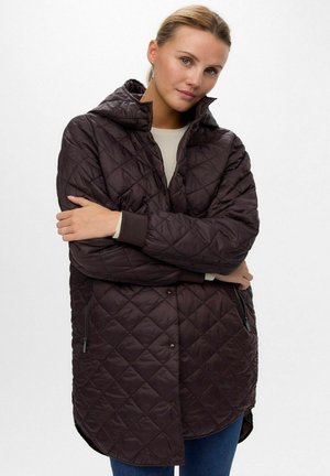 Manteau matelassé marron foncé avec capuche, doté de poches latérales zippées, de poignets côtelés et d'une fermeture à boutons. Le tissu a une finition brillante.
