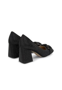 Zapatos de tacón alto negros con una superficie texturizada, adornados con pequeños remaches, que cuentan con un tacón ancho y un diseño de punta redonda.