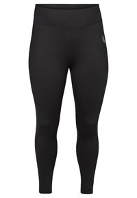 Black leggings made of stretchy fabric, featuring a high waistband and minimal detailing. Smooth texture with a fitted design.