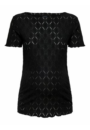 Svart kortermet topp med diamantmønster av blonder og bølgete kanter på ermer og nederkant.
