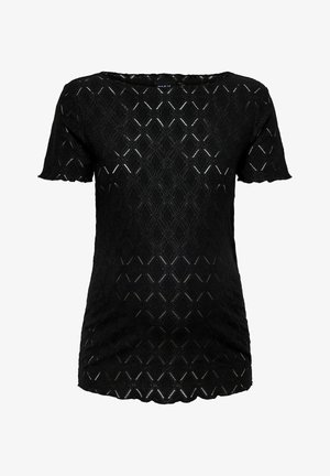 Top negru cu mâneci scurte, din dantelă cu model de diamante și margini ondulate pe mâneci și tiv.