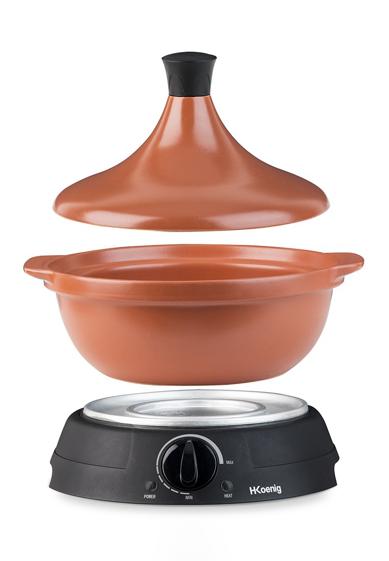 Terrakotta-Tagine mit konischem Deckel, auf einer schwarzen elektrischen Basis mit Temperaturregler und Betriebslichtern.