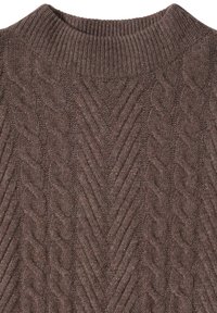 Brązowy sweter wykonany na drutach z wzorem w warkocze, z okrągłym dekoltem wykończonym ściągaczem oraz teksturowaną powierzchnią. Projekt jest zwarty i jednolity.
