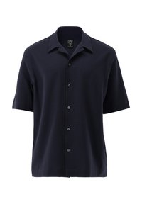 Kurzärmliges, dunkelblaues Hemd aus strukturiertem Stoff mit Kragen. Verfügt über fünf schwarze Knöpfe und einen geraden Saum.