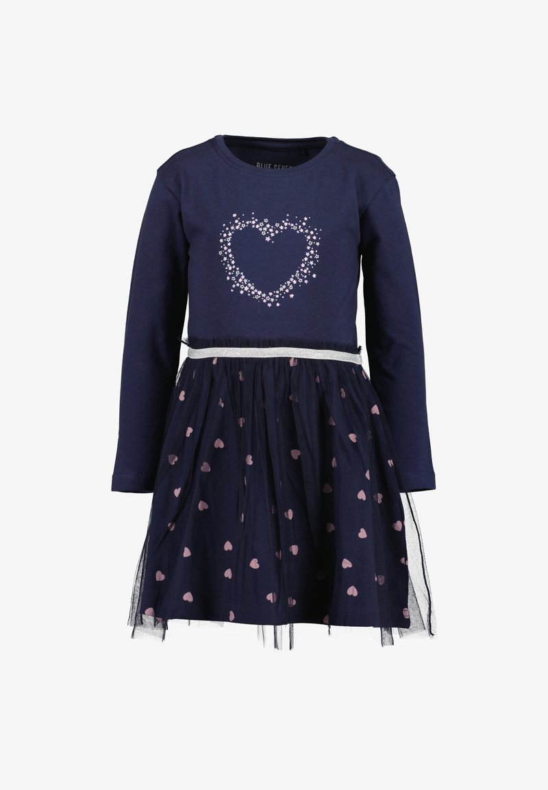 Marineblaues langärmliges Kleid mit einem Herzdesign aus pinken Pailletten auf dem Oberteil, mit einem Tüllrock mit pinken Herzmustern und einem weißen Taillenbund.