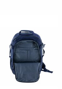 Navy blue backpack with padded straps, multiple pockets, and a textured front. Features zippers and a lower compartment with a rectangular design.