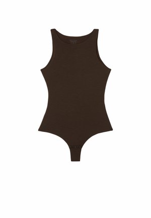 Bruine body met een tanktopdesign, gemaakt van zachte stof. Heeft een strak figuur en drukknoopsluiting bij het kruis.