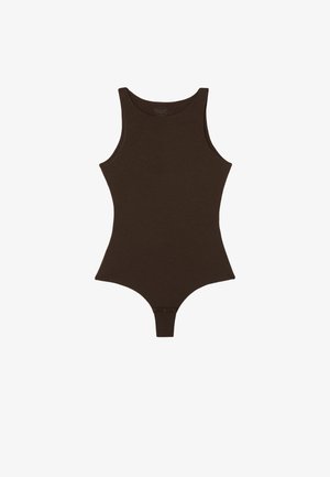 Brauner Body mit einem Tanktop-Design, aus weichem Stoff gefertigt. Verfügt über eine figurbetonte Passform und einen Knopfverschluss im Schritt.