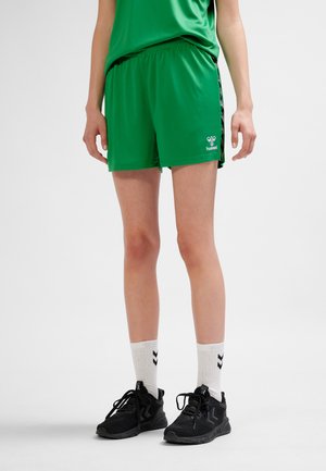 Gröna sportshorts i lätt material med elastisk midja, med en logotyp och designdetaljer på sidorna.