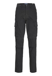 Black cargo pants made of cotton, featuring multiple side pockets, a straight cut, and a button closure at the waist.