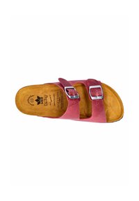 Pink leather sandal with two adjustable straps and silver buckles. Features a brown contoured insole and textured footbed for comfort.