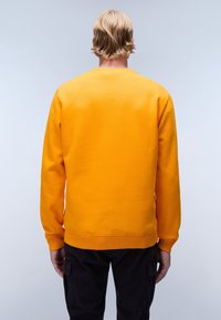 Felpa arancione con polsini e orlo a coste, scollatura tonda e una consistenza morbida. Indossata con pantaloni cargo neri. Vista da dietro.