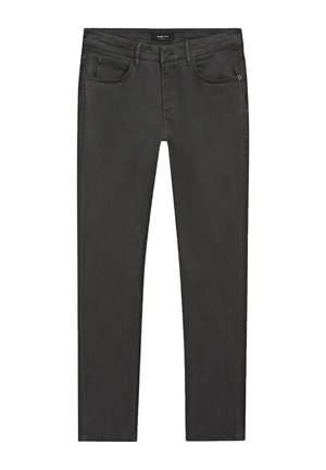 Jeans en denim noir avec cinq poches, fermeture éclair, coupe droite et design minimaliste. Texture lisse avec un léger délavage sur le tissu.