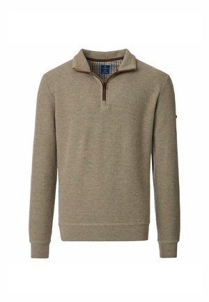 Beige Pullover aus geripptem Stoff, mit einem Reißverschlusskragen, langen Ärmeln und einem karierten Innenfutter am Hals. Hat eine strukturierte Oberfläche.