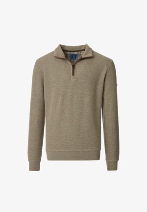 Beige Pullover aus geripptem Stoff, mit einem Reißverschlusskragen, langen Ärmeln und einem karierten Innenfutter am Hals. Hat eine strukturierte Oberfläche.