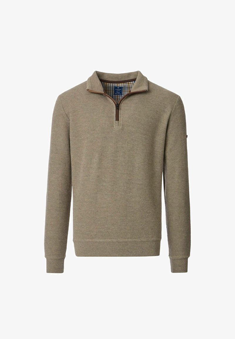 Beige Pullover aus geripptem Stoff, mit einem Reißverschlusskragen, langen Ärmeln und einem karierten Innenfutter am Hals. Hat eine strukturierte Oberfläche.