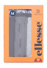 Pack de tres calzoncillos para hombres en gris, gris claro y gris oscuro, con cinturilla elástica con logo y estampado gráfico en uno de los pares, empaquetados en una caja naranja.