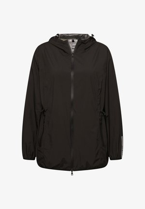 Zwarte lichtgewicht windbreakerjas met een capuchon, een voorrits, verstelbare trekkoord aan de zijkanten en twee zijzakken.