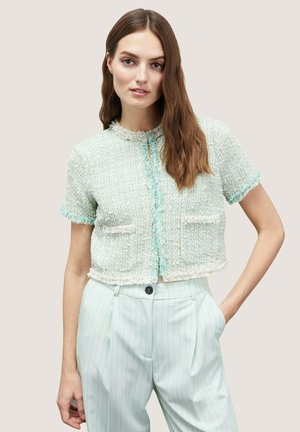 Giacca cropped in tweed verde chiaro con bordi frangiati, maniche corte, due tasche frontali e chiusura con bottone al collo.