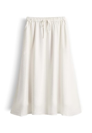 Jupe midi blanche avec taille élastique et lien à nouer à l'avant, tissu fluide, légèrement froncée à la taille pour une coupe décontractée.