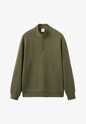 Felpa verde oliva con una texture morbida, collo alto e chiusura con mezza cerniera. Presenta polsini e fascia in vita a coste per una vestibilità confortevole.