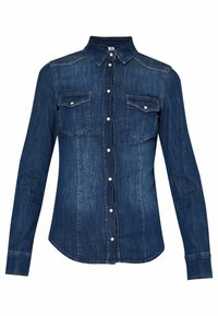 Camasa din denim de culoare albastră închisă, cu închidere frontala cu nasturi, guler ascuțit și două buzunare la piept cu clapetă. Mâneci lungi cu manșete cu nasturi.