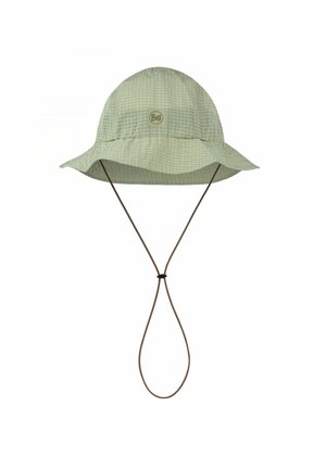 Hellgrüner karierter Bucket Hat mit verstellbarem Kinnriemen und Buff Logo-Aufnäher vorne in der Mitte.