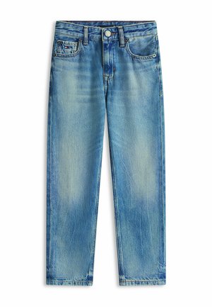 Jeans denim azzurri chiaro a gamba dritta con tasche frontali, passanti per cintura e chiusura con bottone, con leggere sfumature sbiadite.