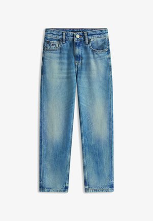Jasnoniebieskie dżinsy o prostych nogawkach, z przednimi kieszeniami, szlufkami na pasek i zapięciem na guzik, z delikatnym efektem przetarcia.
