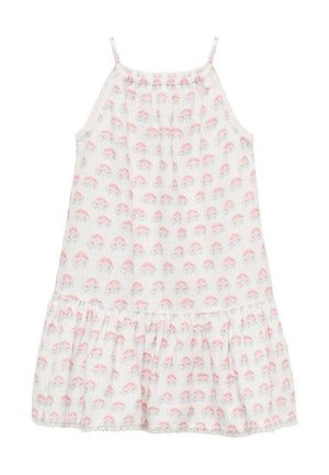 Leichtes, ärmelloses Kleid aus weißem Stoff mit einem Druck von rosa und blauen Regenschirmen. Es verfügt über geraffte Details und einen Rüschensaum.